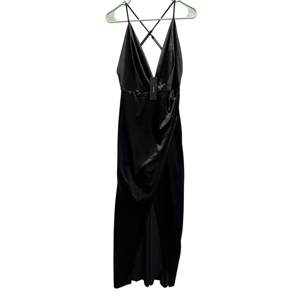 Lulus Black Satin Slip Dress Crisscross Back Maxi‎ Gown Small NWT Sexy Coquette